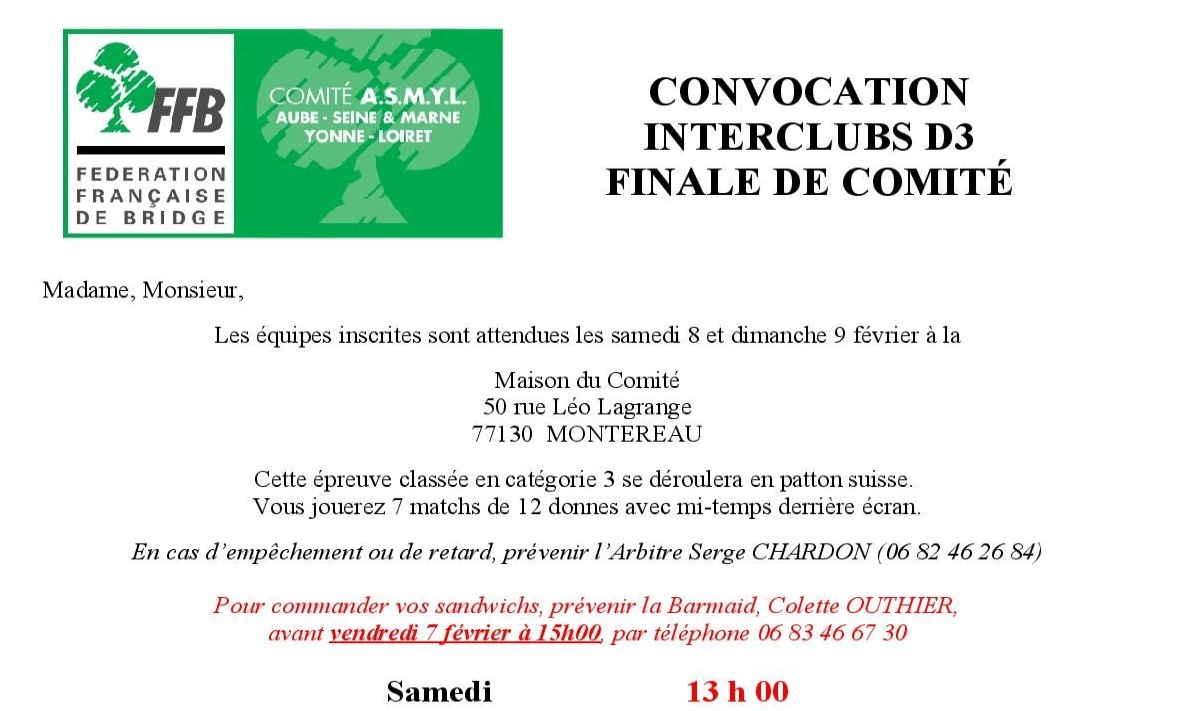 CONVOCATION  INTERCLUBS D3 - FINALE DE COMITE