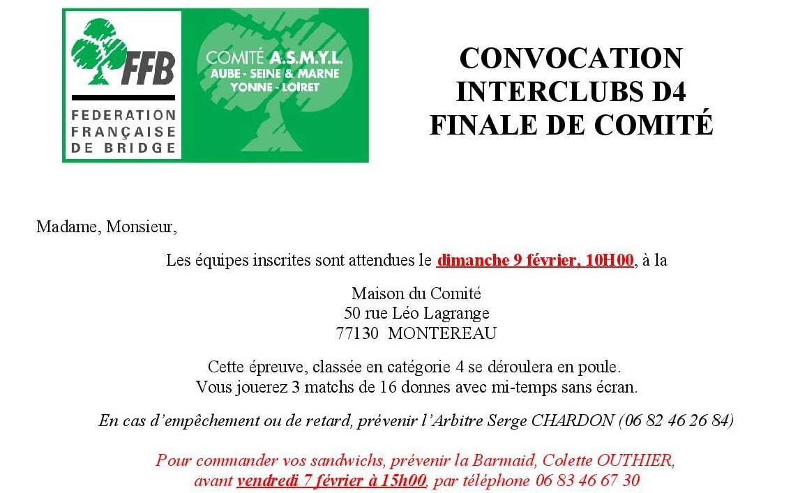 CONVOCATION à L'INTERCLUB  D4 - FINALE DE COMITE
