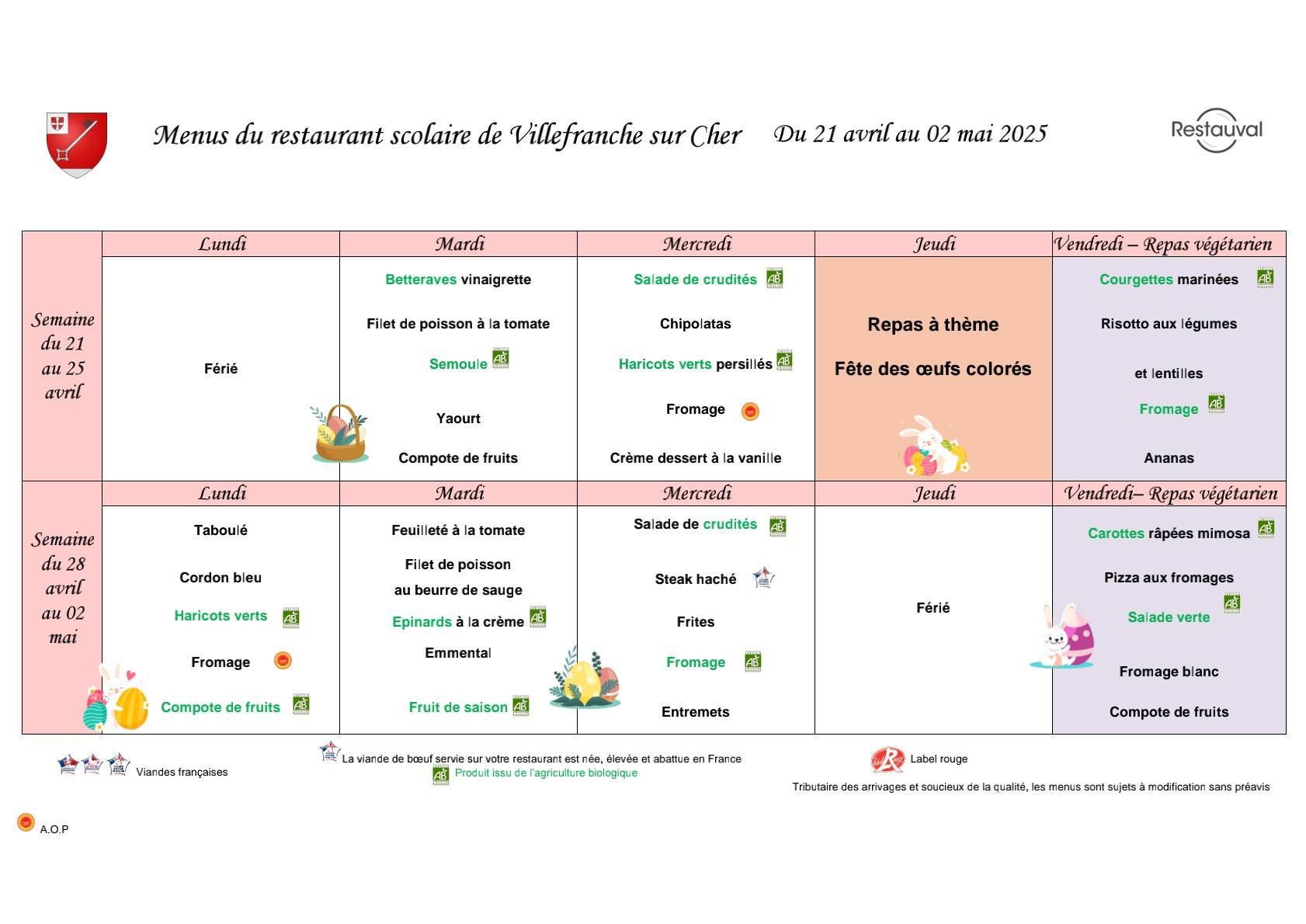 Cantine 2025 avril mai