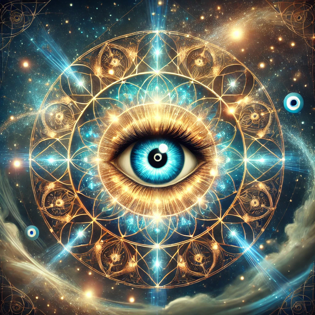 protection contre le mauvais œil, avec un œil mystique inspiré du Nazar, entouré de motifs géométriques sacrés et d’une énergie lumineuse protectrice. 