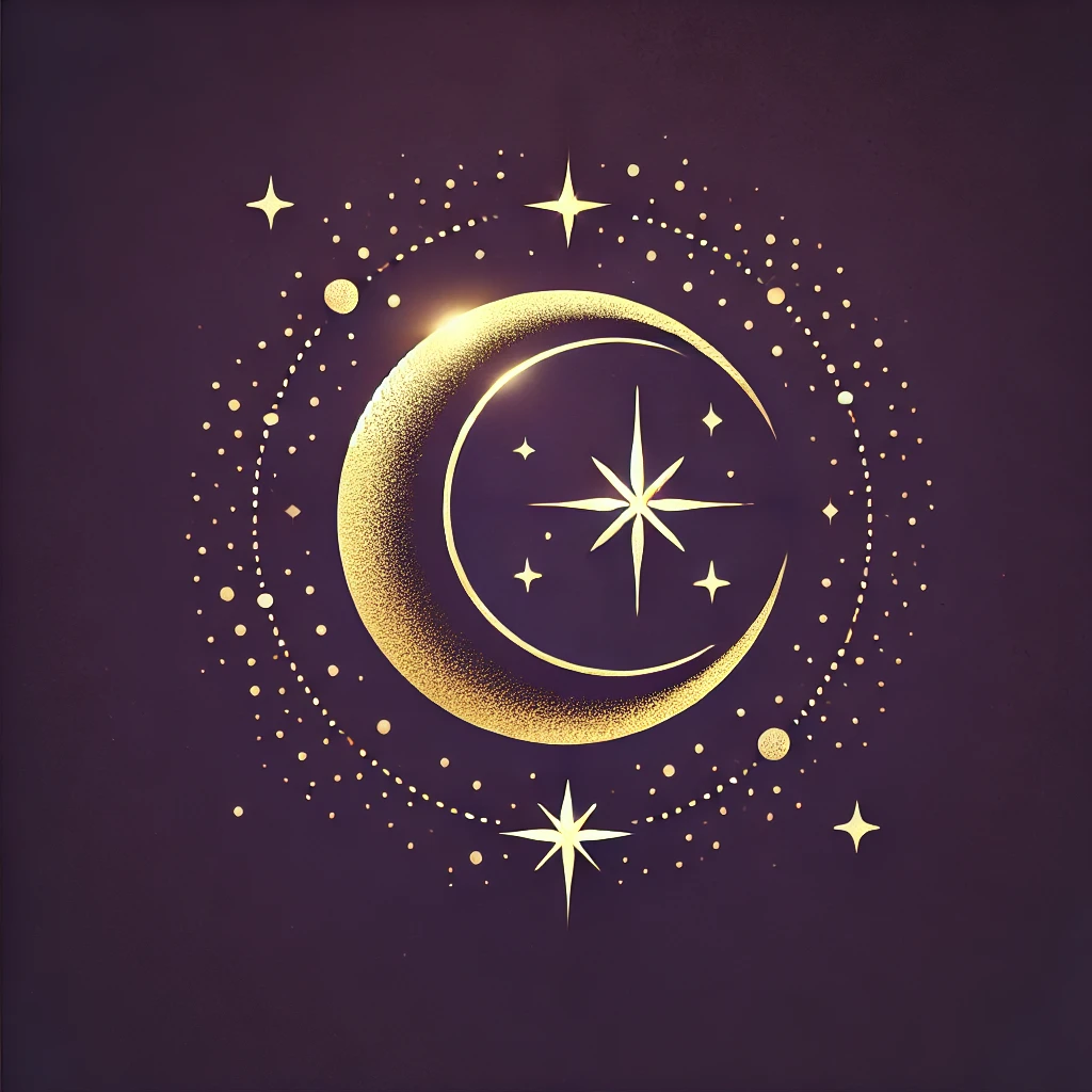 lune croissante avec des étoiles, symbolisant l’intuition, l’énergie féminine et la guidance cosmique.