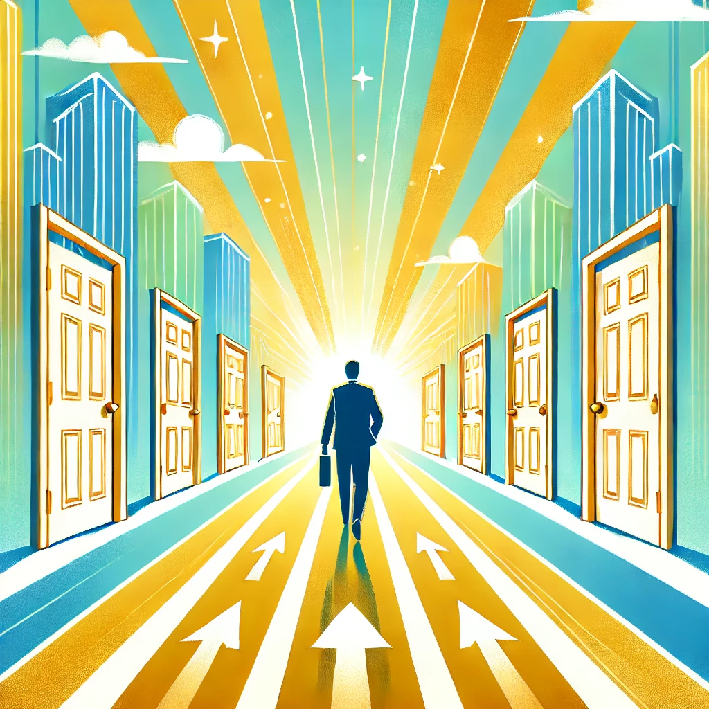 évolution professionnelle et les opportunités de carrière, avec une personne avançant sur un chemin doré entouré de portes ouvertes.