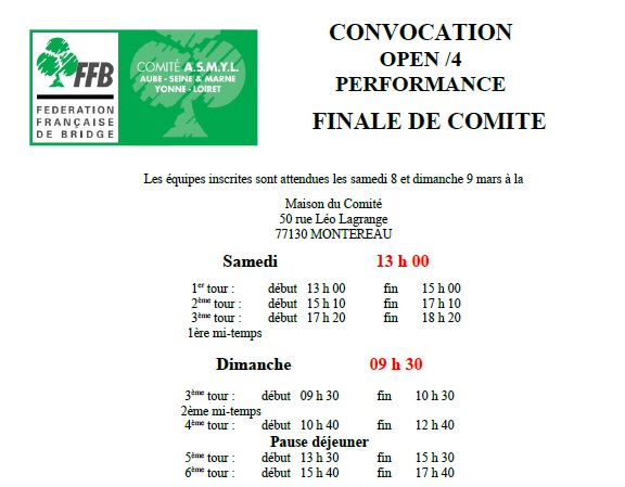 CONVOCATION  OPEN / 4 PERFORMANCE - FINALE DE COMITE