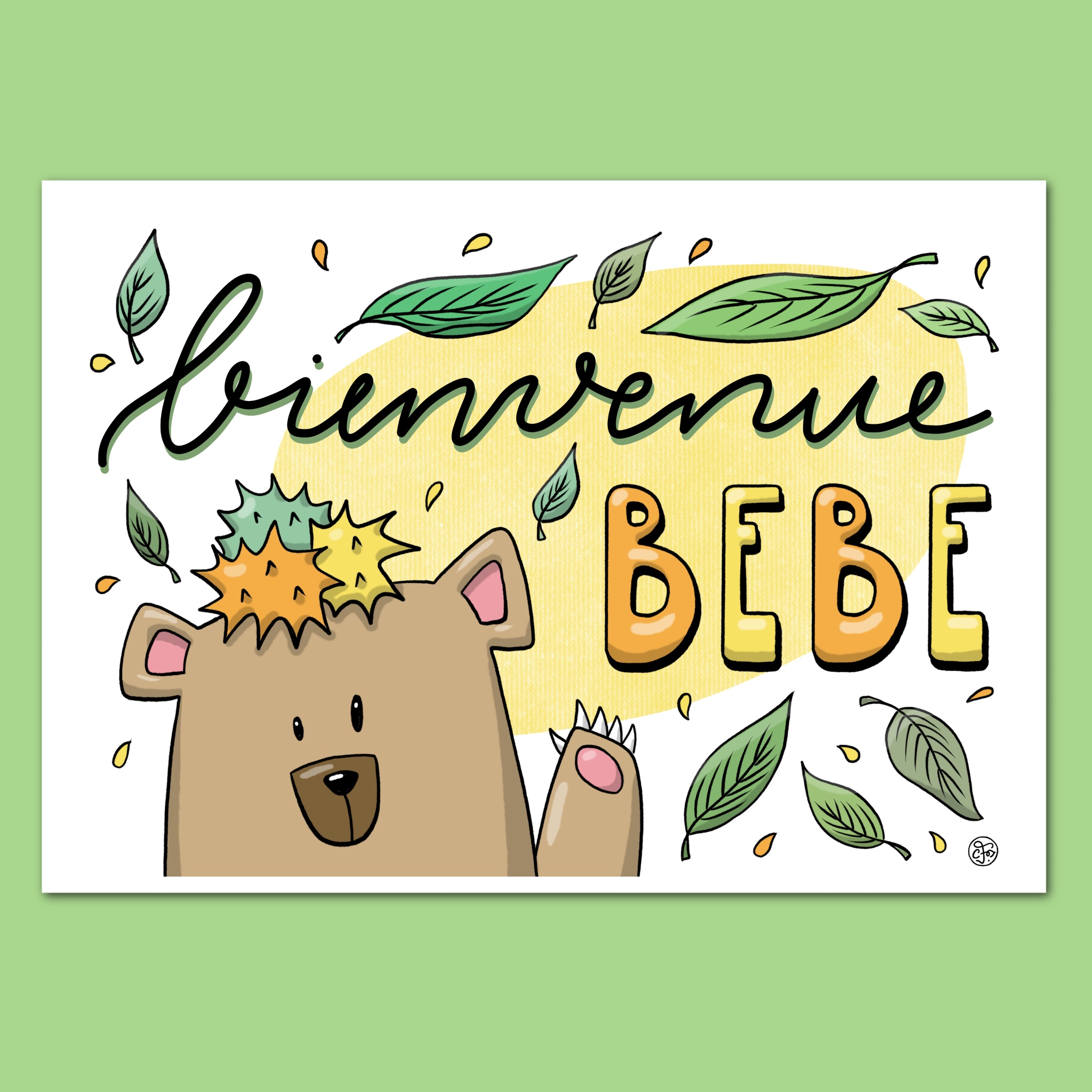 Carte bienvenue bebe feuilles