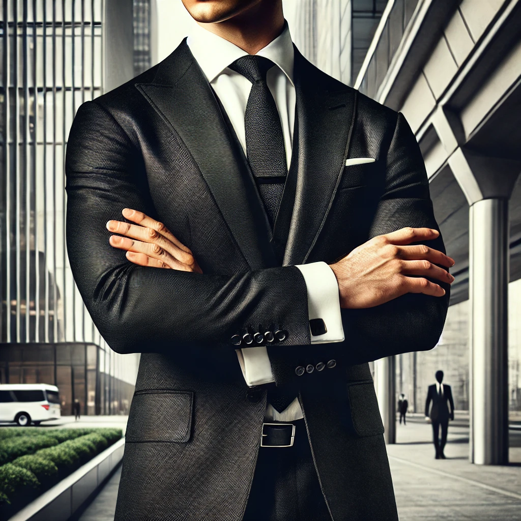 DALL-E-2024-12-12-17-09-44-A-stylish-and-elegant-depiction-of-a-security-agent-standing-with-arms-crossed-dressed-in-a-tailored-black-suit-crisp-white-shirt-and-a-dark-tie-T