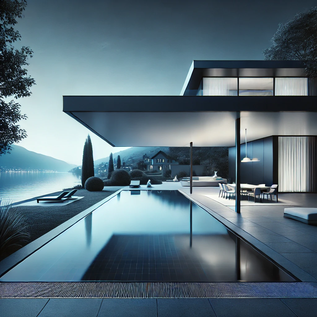 DALL-E-2025-01-07-10-59-26-A-modern-and-elegant-villa-with-a-sleek-design-featuring-a-swimming-pool-in-the-foreground-and-a-serene-view-of-a-lake-similar-to-Lake-Geneva-in-the-
