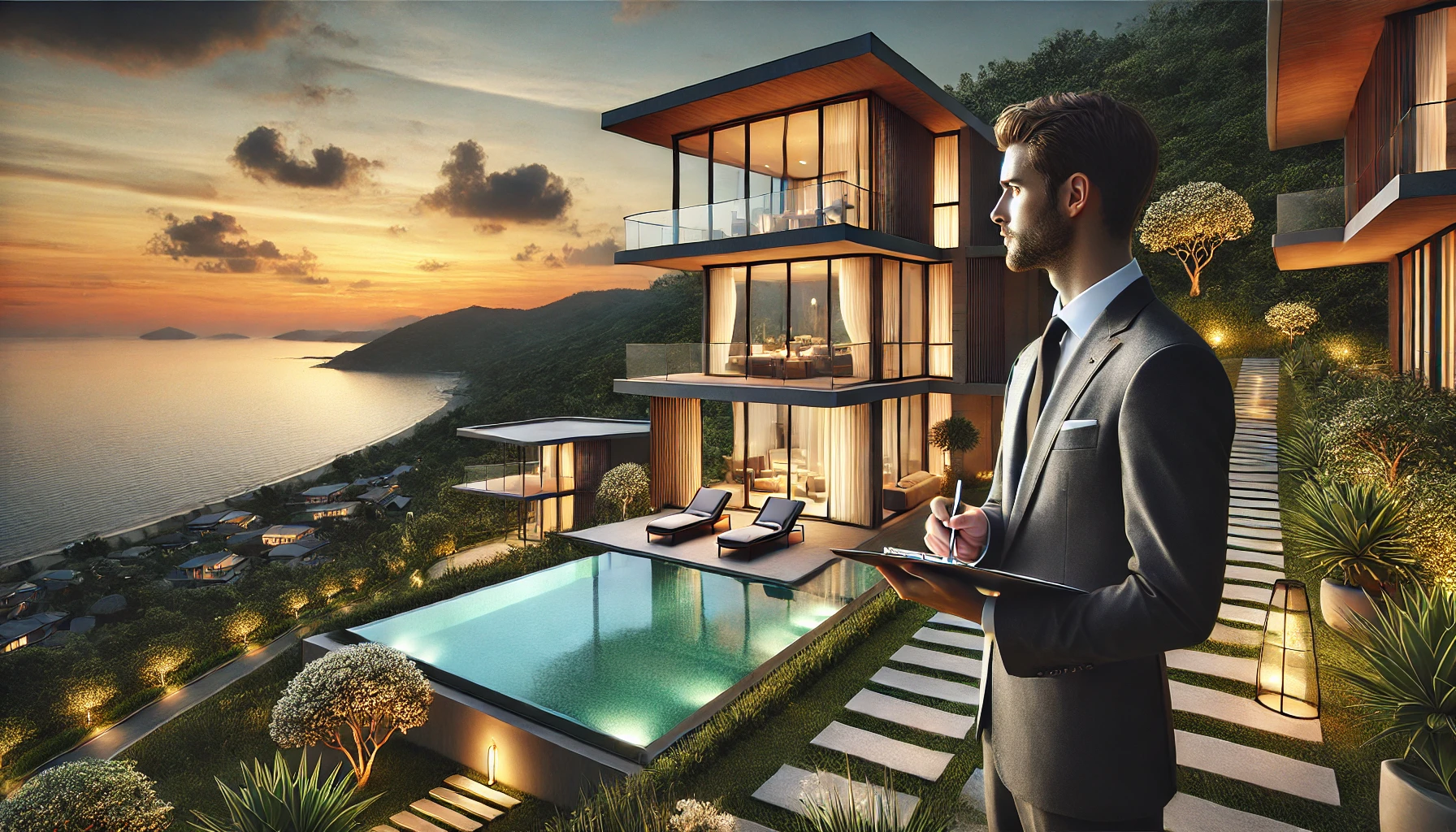 DALL-E-2024-12-12-10-11-36-A-luxurious-villa-overlooking-a-serene-coastline-at-sunset-surrounded-by-lush-greenery-The-image-showcases-elegant-architecture-with-modern-and-clea