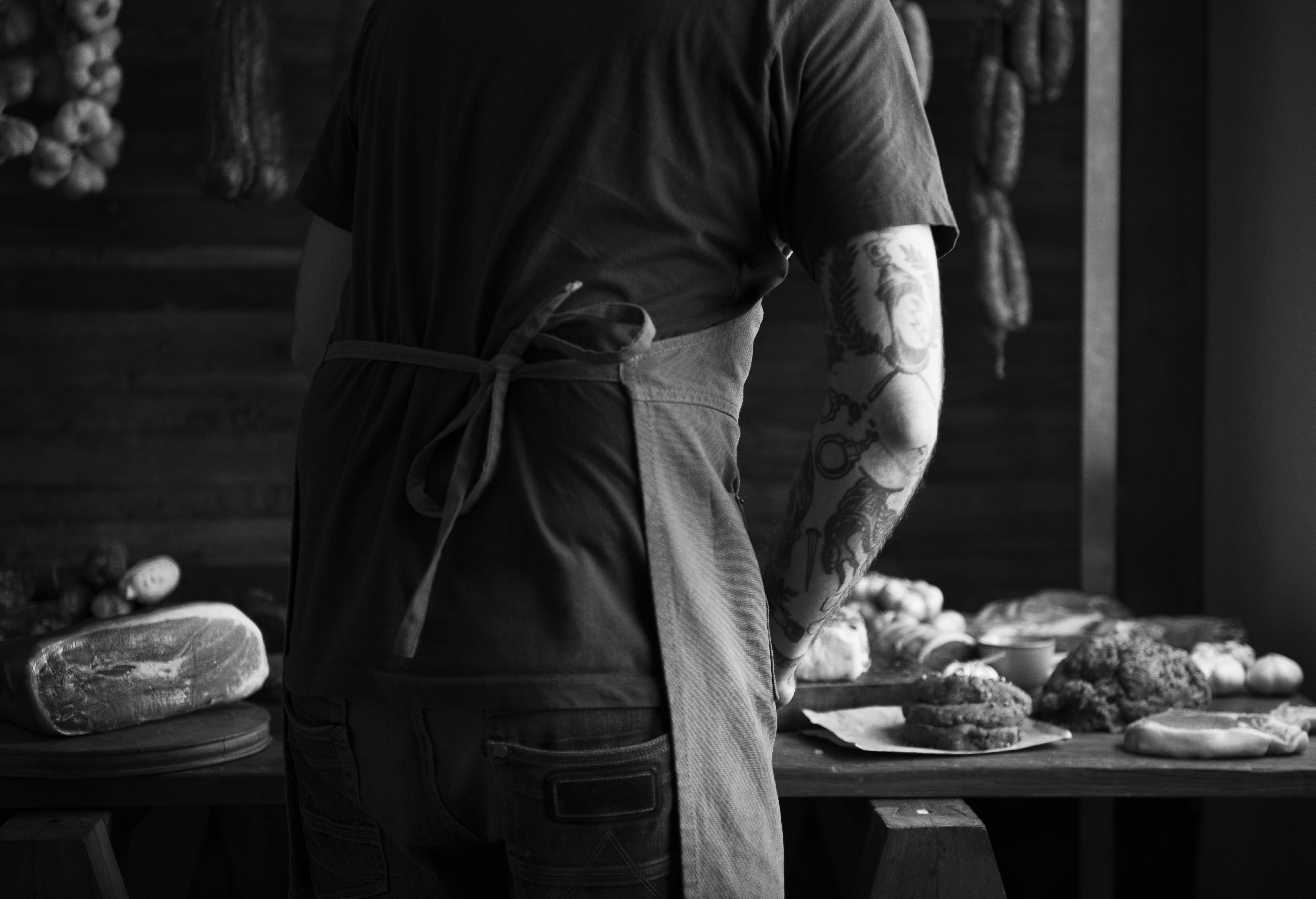 Chef working different types meat food photography recipe idea
