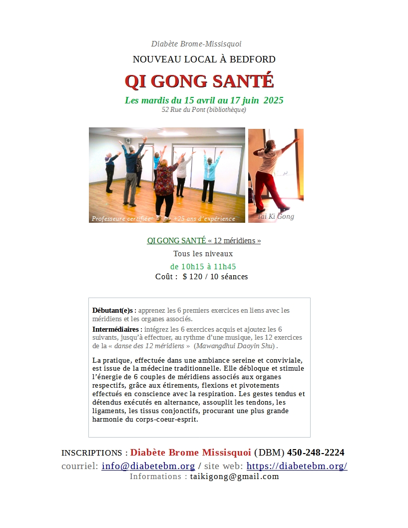 BEDFORD - Diabète Brome Missisquoi (DBM) cours de Qi gong santé "12 méridiens" pour tous les niveaux au PRINTEMPS 2025
