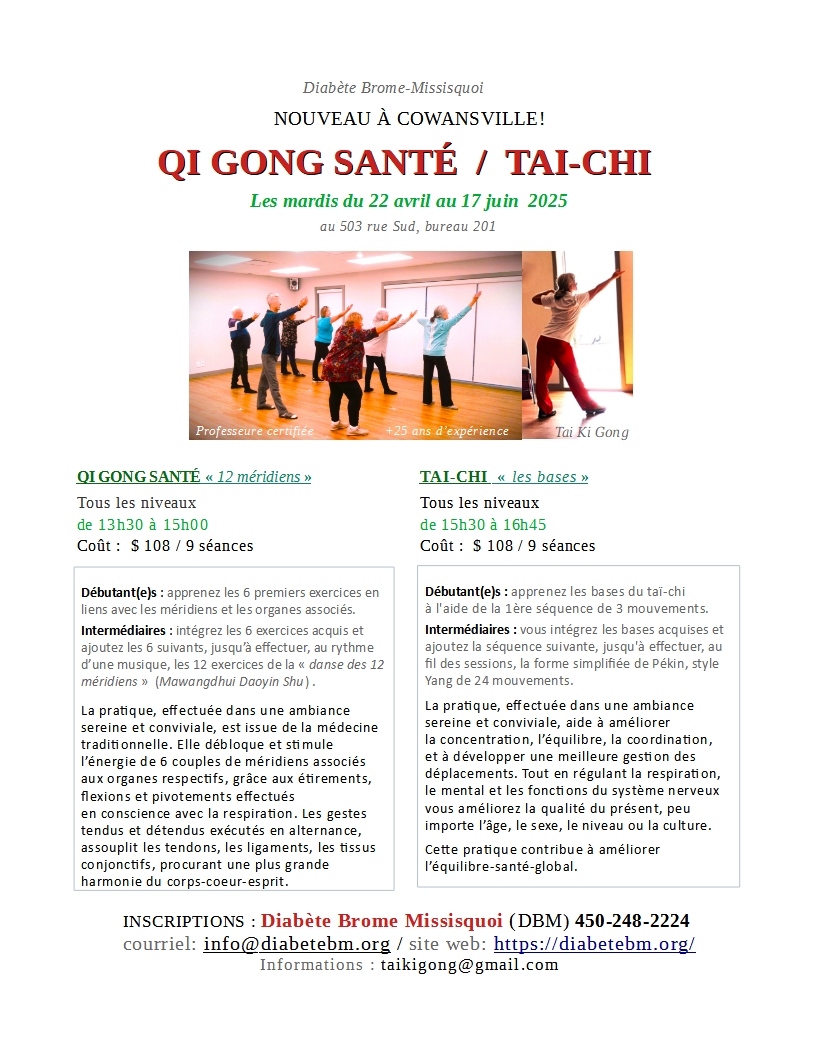 BEDFORD - Diabète Brome Missisquoi (DBM) cours de Qi gong santé "12 méridiens" pour tous les niveaux au PRINTEMPS 2025