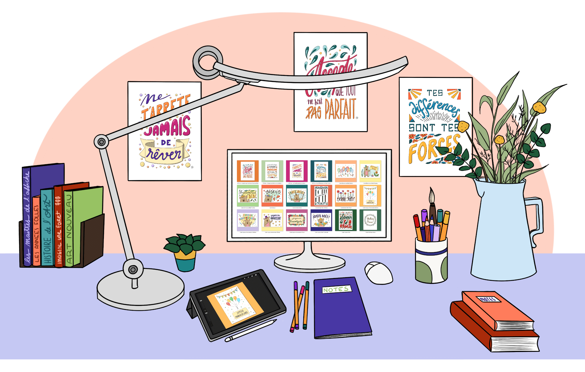 Camille F créations illustratrice artiste graphiste, illustration d'un bureau avec ordinateur, livres, lampe BenQ, affiches colorées et bouquet de fleurs