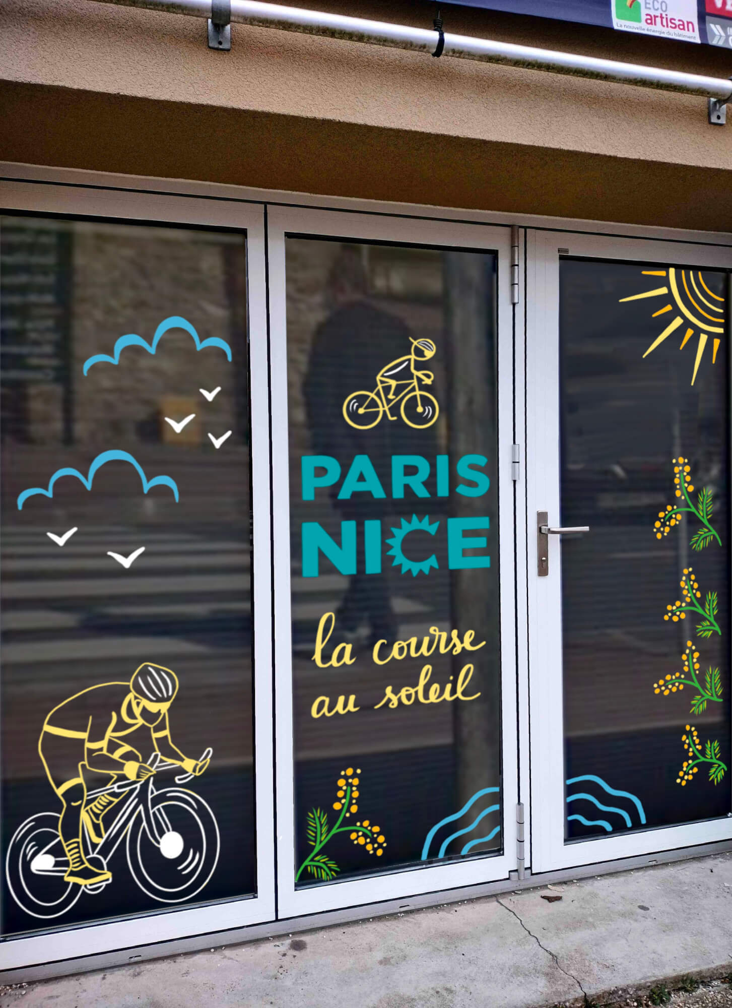 Vitrine peinte sur le thème de la course cycliste Paris Nice pour une boutique dans les Yvelines (78) ou à Paris (75)