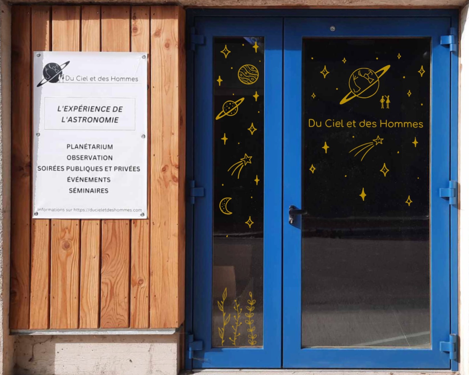 Peinture sur vitrine pour une entreprise de découverte de l'atronomie dans l'Yonne (89) par Camille F créations