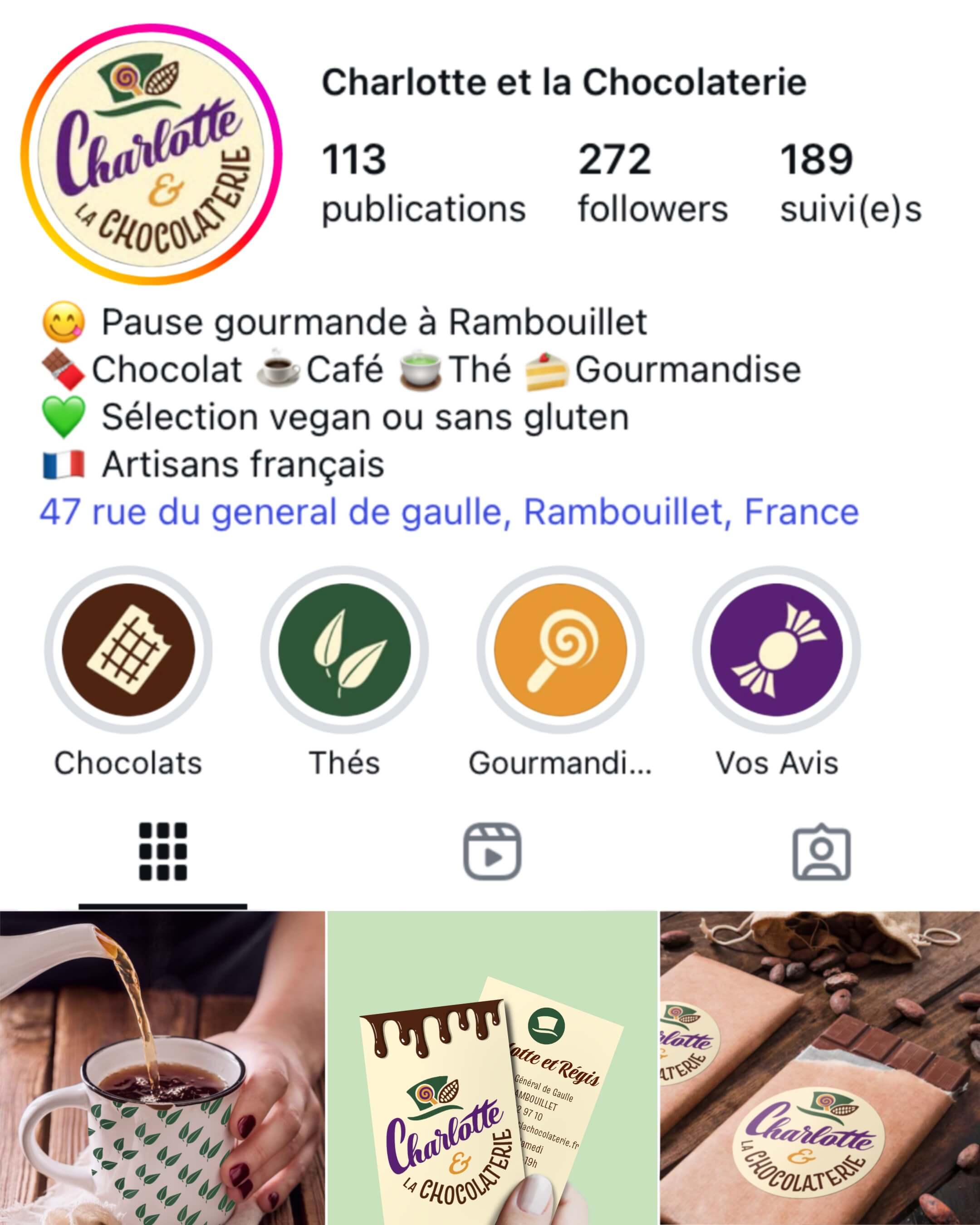 Carte de visite de Charlotte et la Chocolaterie à Rambouillet, création logo par Camille F créations