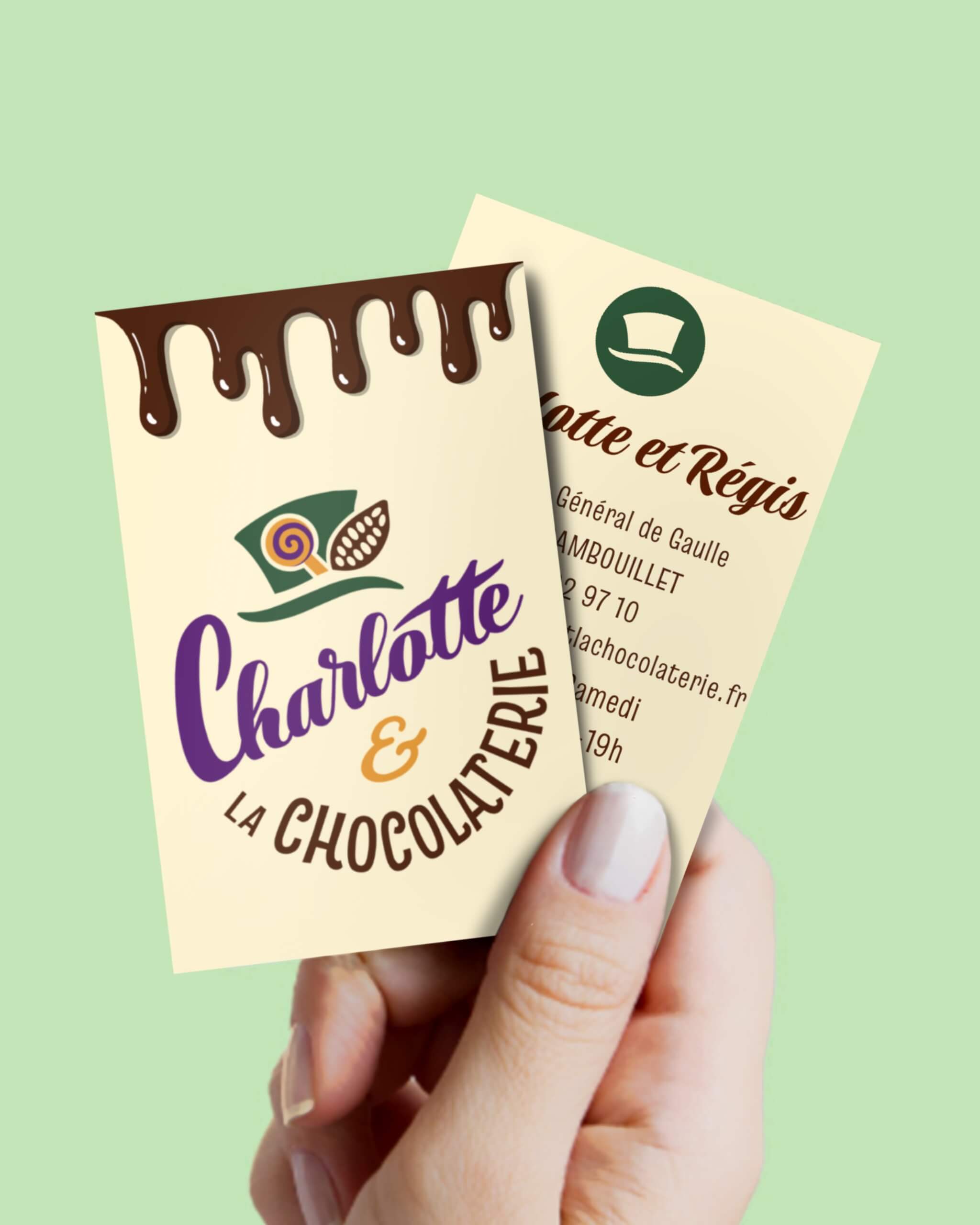 Carte de visite de Charlotte et la Chocolaterie à Rambouillet, création logo par Camille F créations