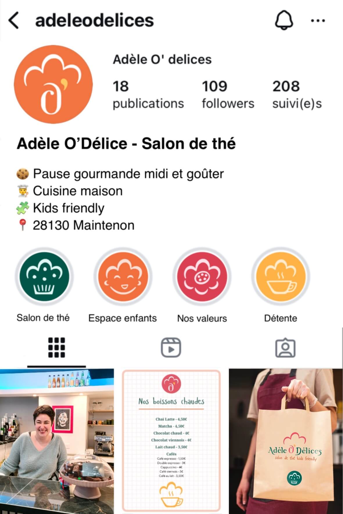 Feed Instagram d'après une identité visuelle, logo et pictogrammes créés par Camille F créations pour Adèle O'délices, un salon de thé/restaurant kids friendly à Maintenon