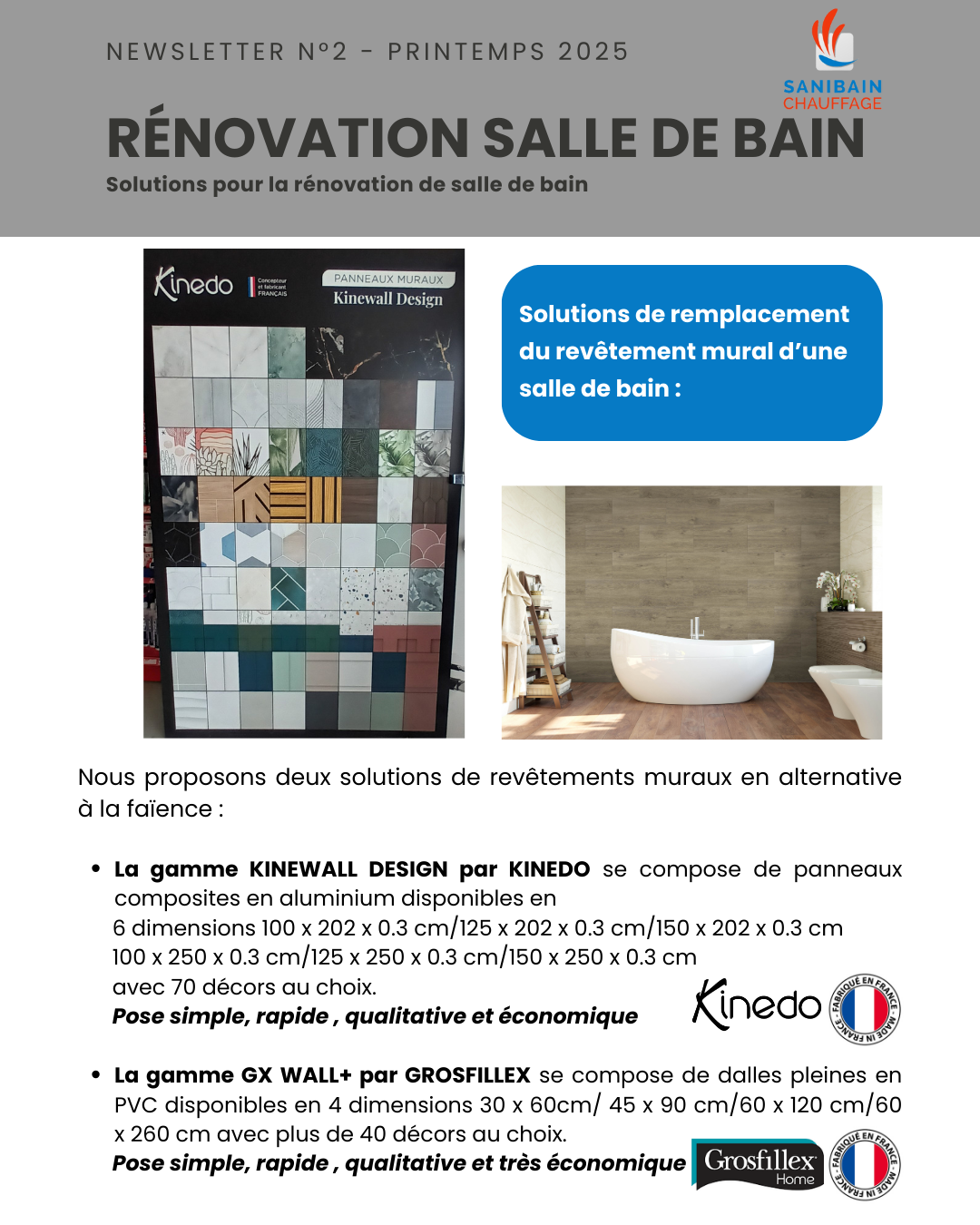 Newsletter n°2 - Printemps 2025
Solutions pour rénovation de salle de bain
