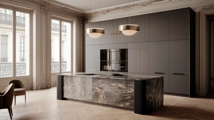 Modern kitchen design with marble island grey cabinets 1298987 2010