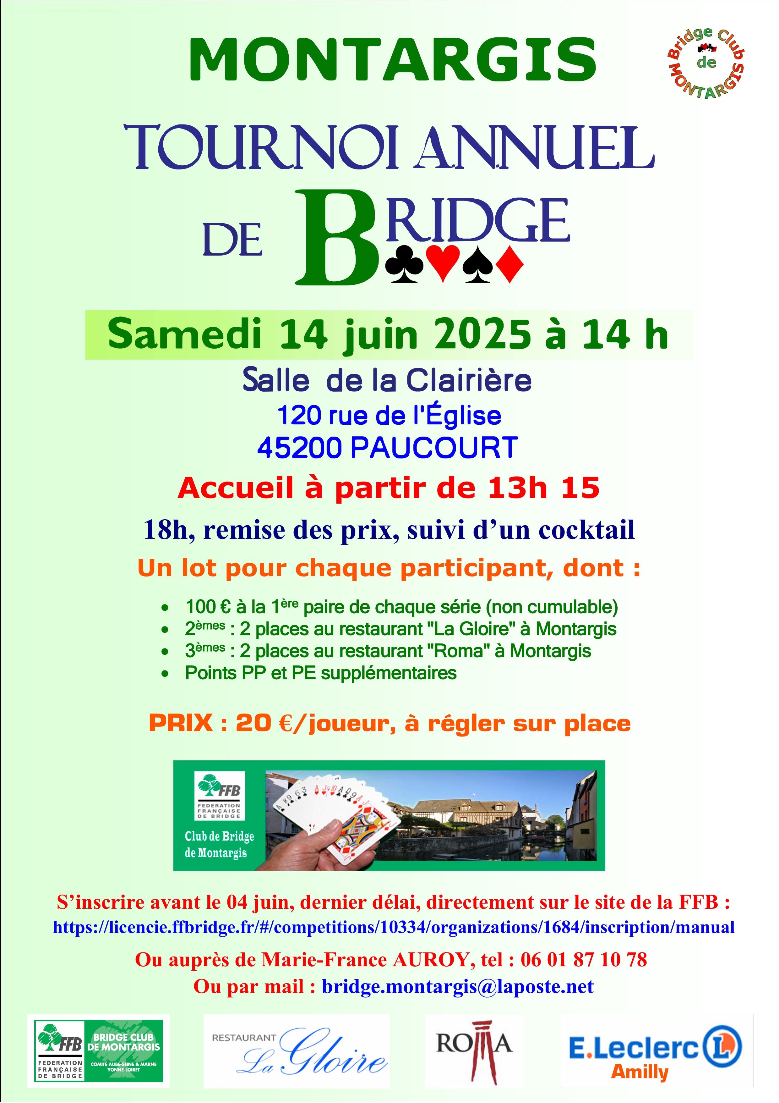 TOURNOI ANNUEL DE BRIDGE  MONTARGIS - 14 JUIN