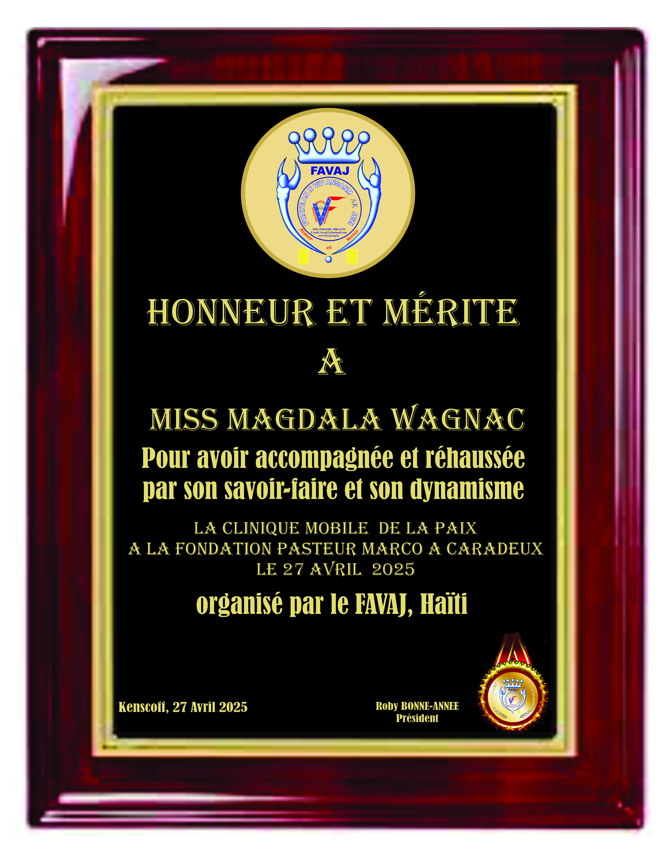 Plaque d honneur a miss magdala