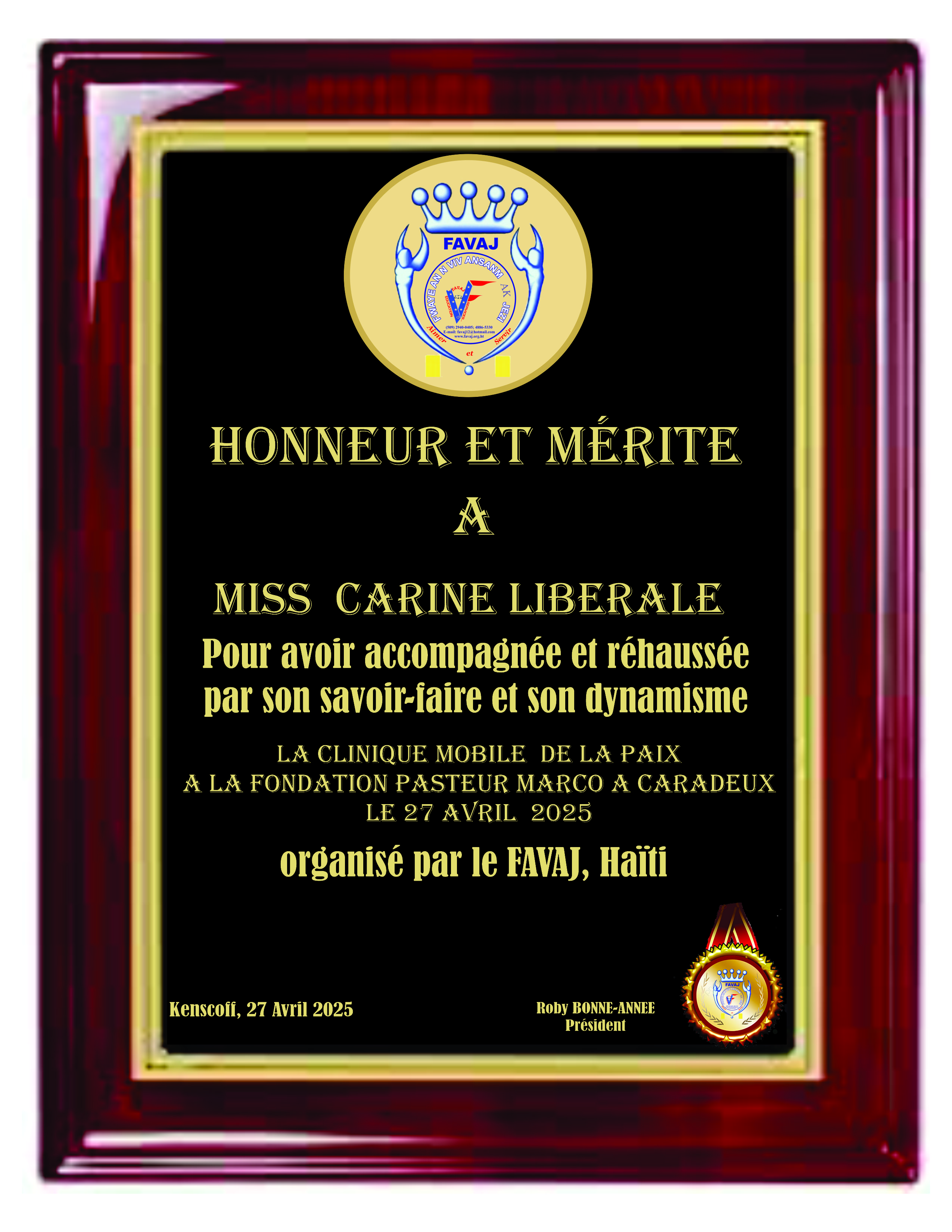 Plaque d honneur a miss liberale
