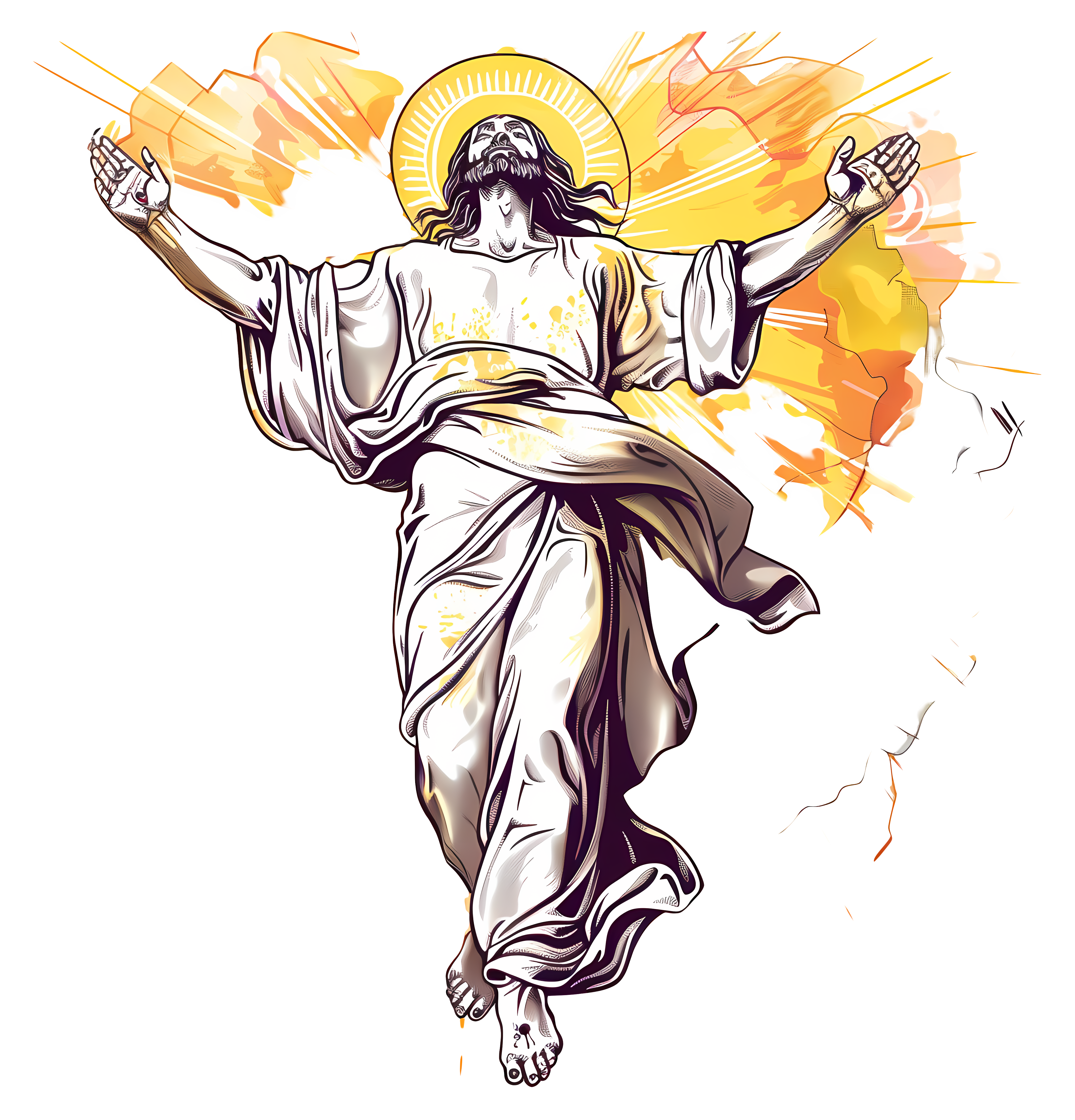 jésus les bras en l'air avec un soleil derrière sa tête et des nuages oranges et blancs en fond