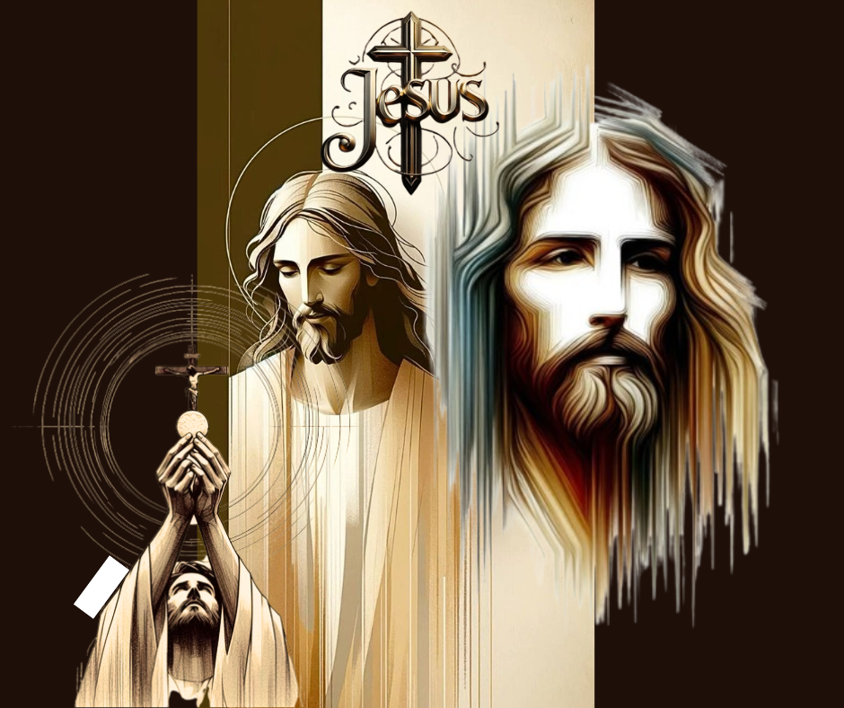 Illustration religieuse de Jésus, symbole de foi chrétienne et de rédemption. Montage artistique représentant Jésus-Christ, la communion (hostie et calice stylisés) et la croix chrétienne. Image spirituelle de Jésus-Christ, avec un accent sur la Sainte Cène et la croix.