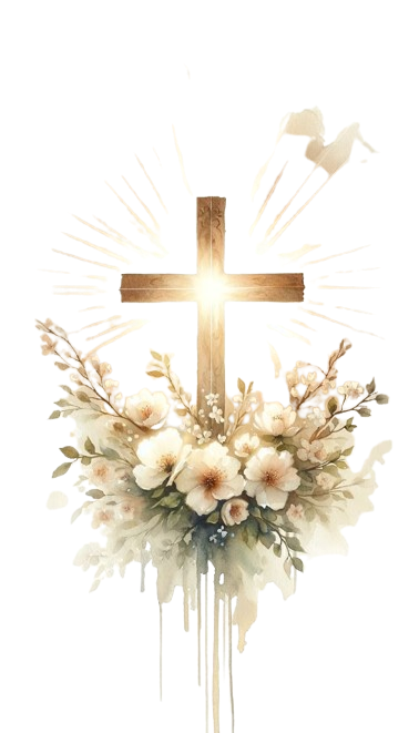 une croix rayonnante de jésus avec un bouquet de fleurs. image spirituelle. représentation de la foi chétienne.