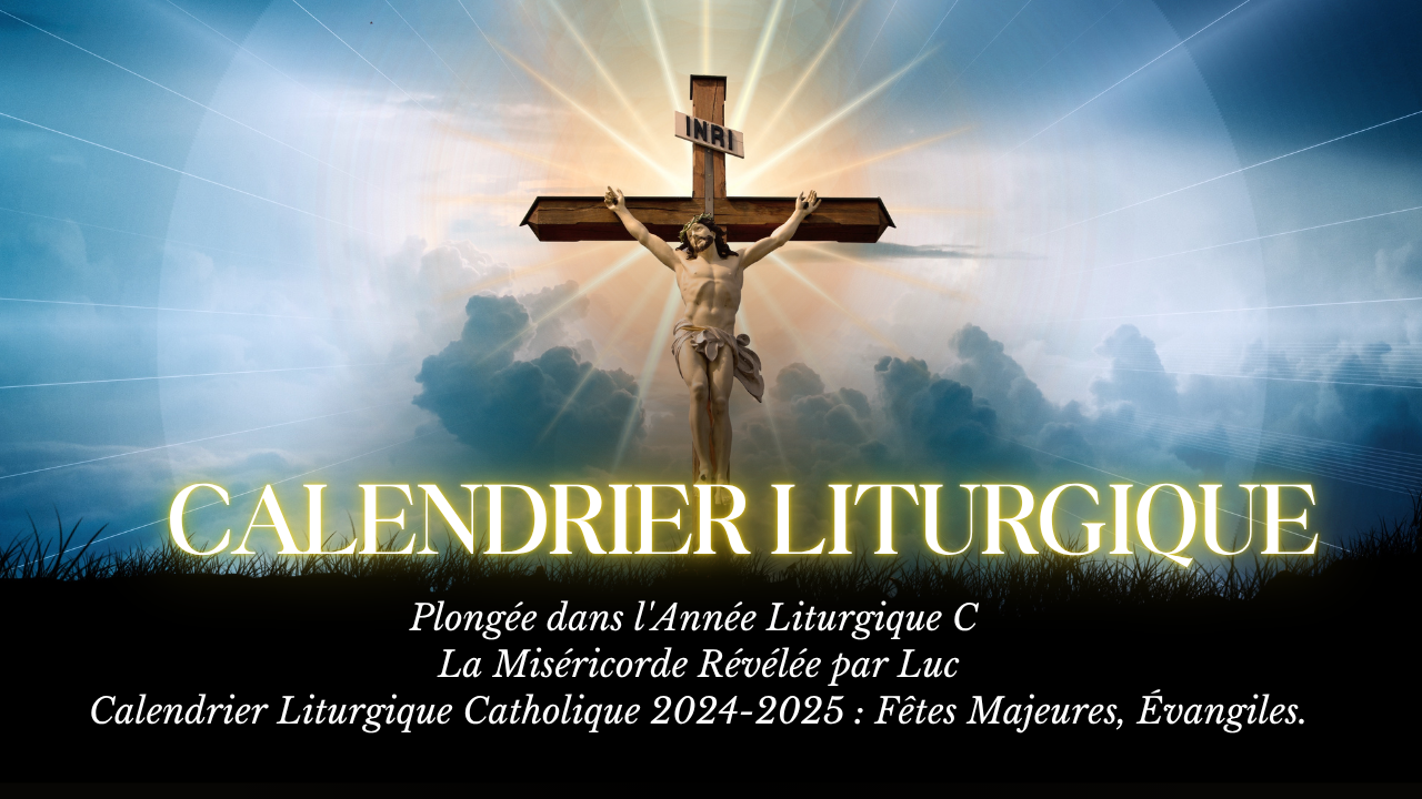 jésus sur la croix sur un arrière plan de nuage transparent bleus et blanc, illustration du calendrier liturgique année c 2024.2025