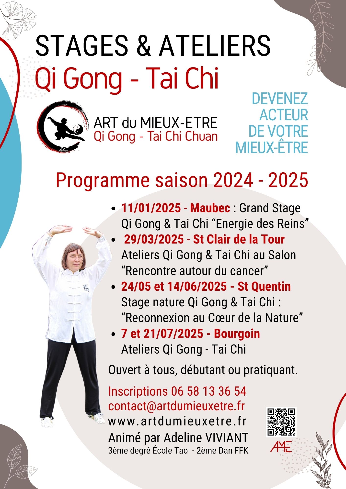 Programme stages et ateliers de Qi gong et tai chi à Bourgoin, Maubec, St Clair de la Tour, année 2025 - Art du Mieux-Etre - Adeline VIVIANT