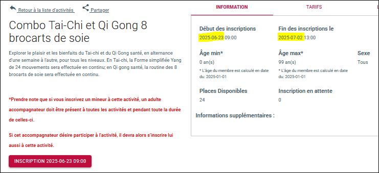 SHEFFORD LOISIRS ÉTÉ 2025 AOÛT COMBO TAI-CHI QI GONG SANTÉ 8 BROCARTS DE SOIE 
LUINDI MATIN 10h à 11h 
CENTRE MULTIFONCTIONNEL EN PLAIN AIR OU À L'INTÉRIEUR SELON TEMPÉRATURE 
