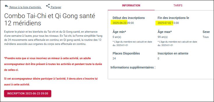 SHEFFORD LOISIRS ÉTÉ 2025 JUILLET COMBO TAI-CHI QI GONG SANTÉ12 MÉRIDIENS 
LUINDI MATIN 10h à 11h 
CENTRE MULTIFONCTIONNEL EN PLAIN AIR OU À L'INTÉRIEUR SELON TEMPÉRATURE 