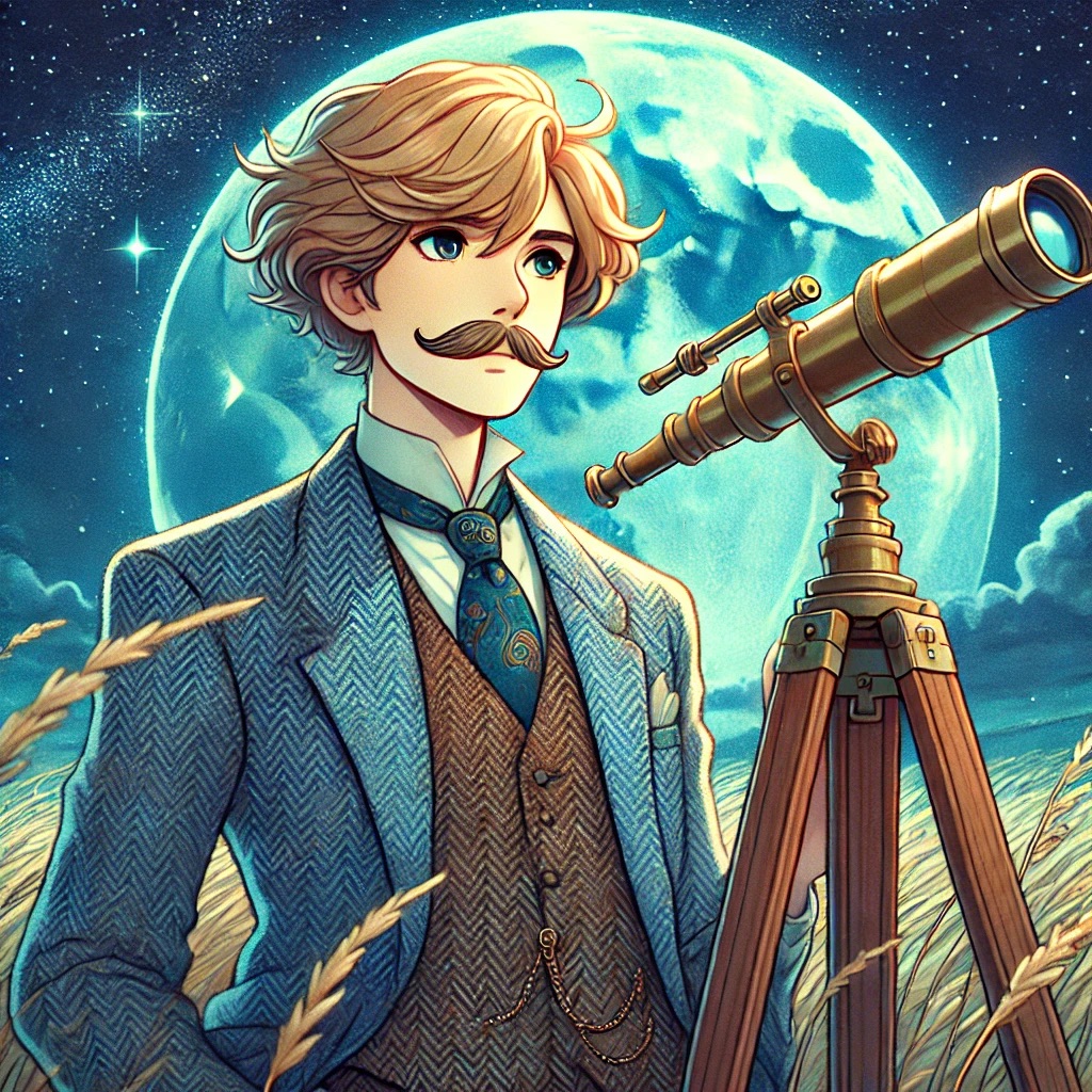 DALL-E-2025-03-06-13-53-48-A-Miyazaki-inspired-anime-style-illustration-of-a-distinguished-gentleman-with-long-wavy-blond-chestnut-hair-and-a-curled-mustache-standing-in-a-pea