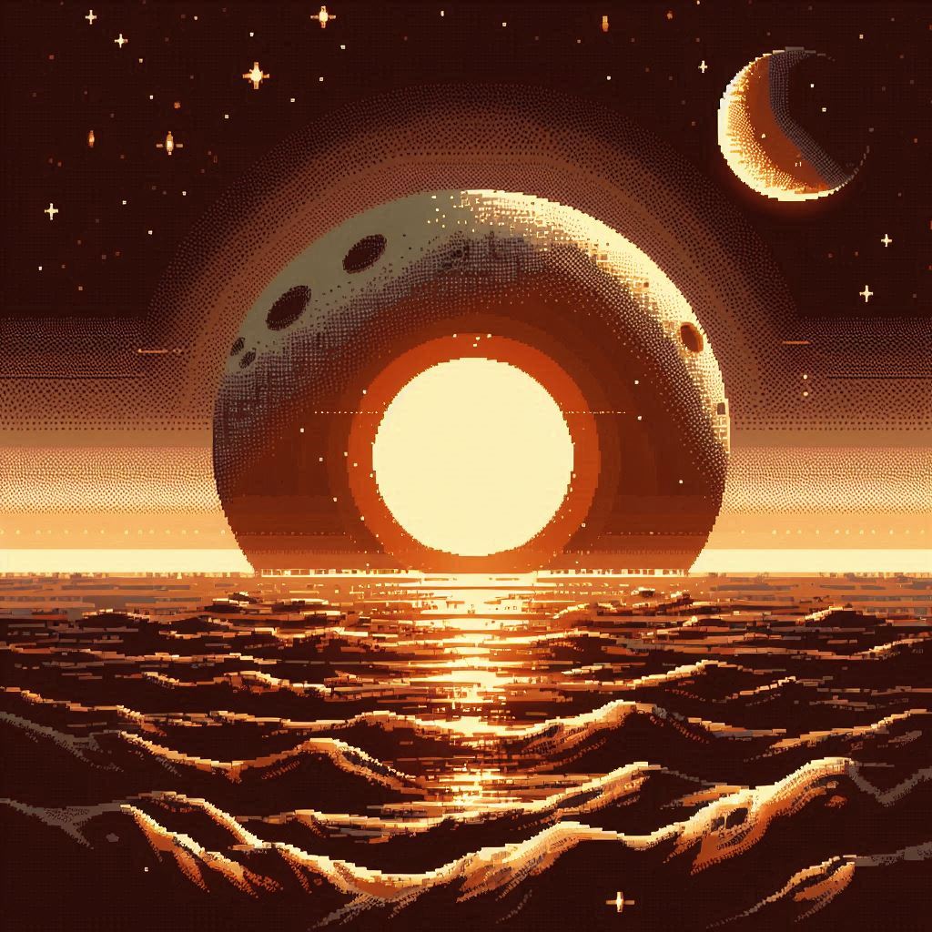 Planete-et-coucher-de-soleil-chaleureux-dans-ton-beige-tres-epure-dans-un-style-pixelise