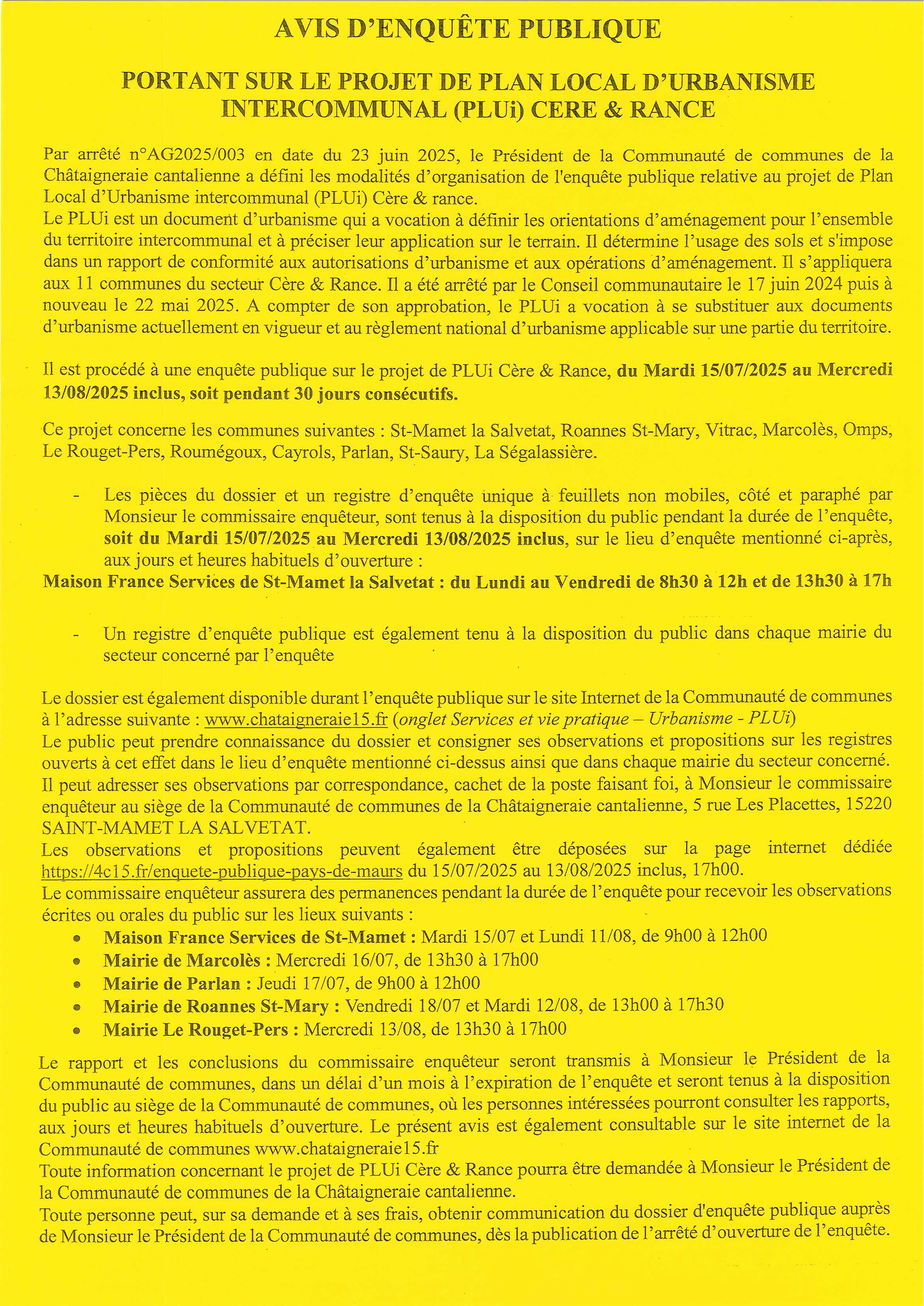 AVIS D'ENQUÊTE PUBLIQUE PLUI