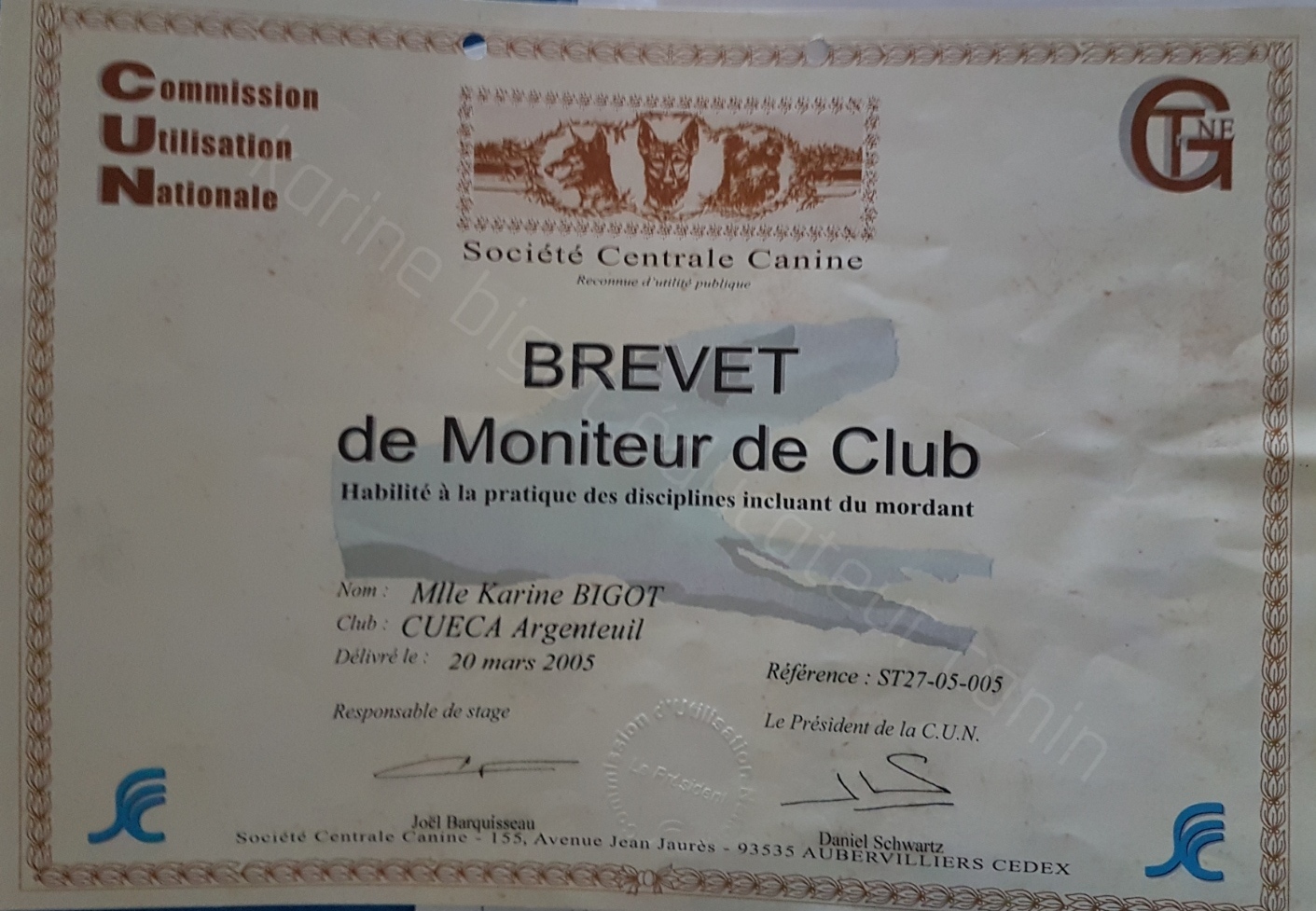 Diplôme du SCC obtenu par Karine Bigot en 2005 à Fontainebleau, moniteur de club en sports canins avec mordant