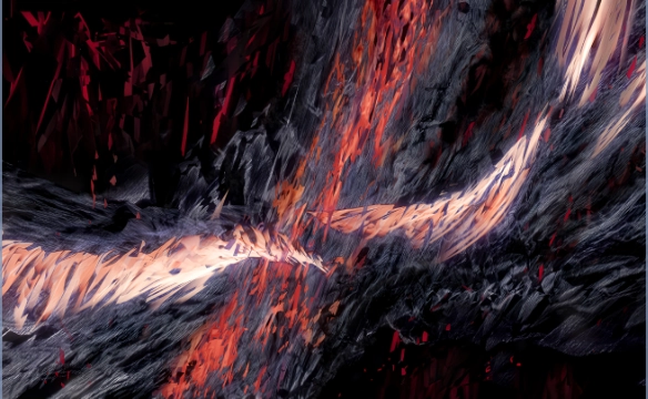 Une composition abstraite, dynamique et contrastée. Deux flux de formes anguleuses, orange pâle et rouge, se croisent en ondulant sur un fond texturé noir et gris.