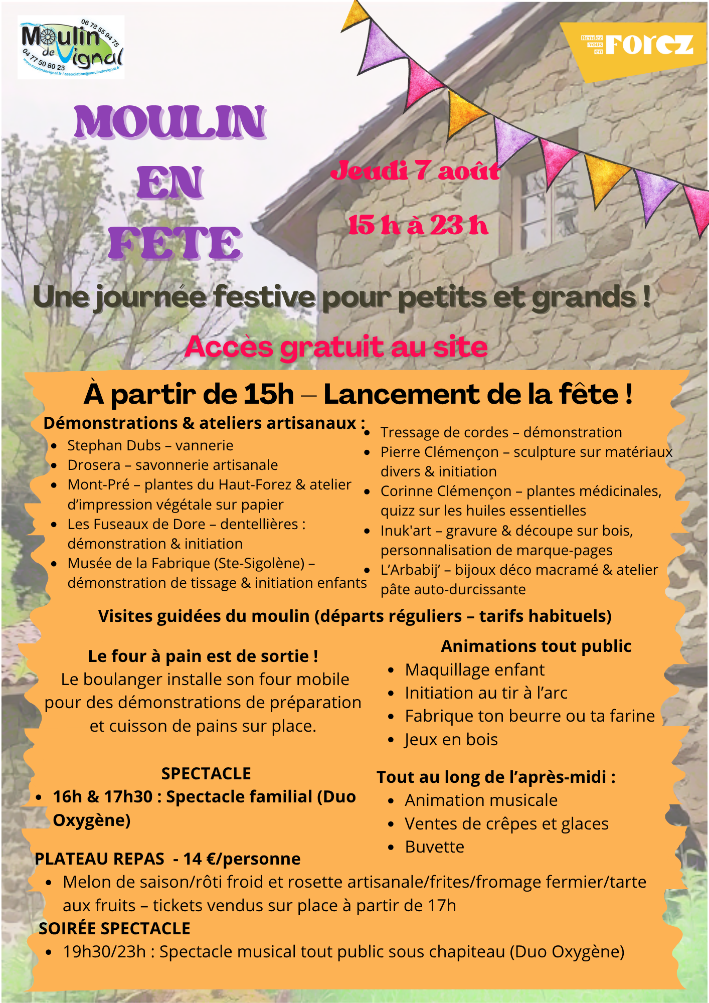 programme, moulin en fête, visite, animations tous publics, repas, animation musicale, démonstrations, savoir-faire, tir à l'arc, jeux
