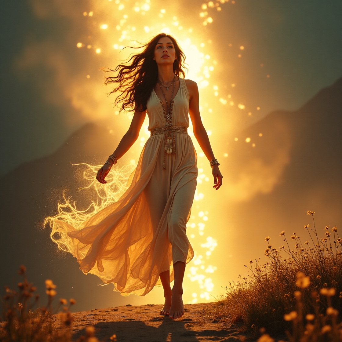 Flux Dev A powerful and radiant woman stands barefoot on the E 0-1-