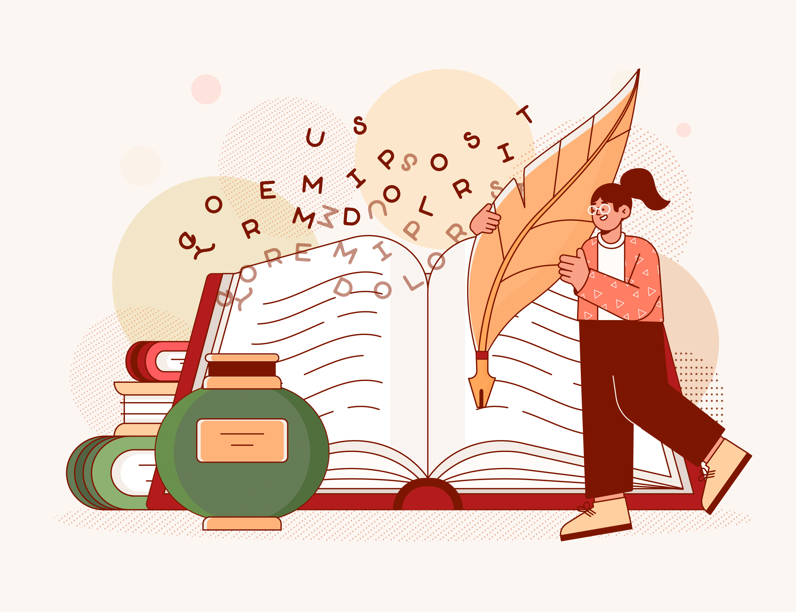 Illustration du site Freepik montrant une jeune femme blanche portant une plume aussi grande qu'elle pour écrire dans un immense livre