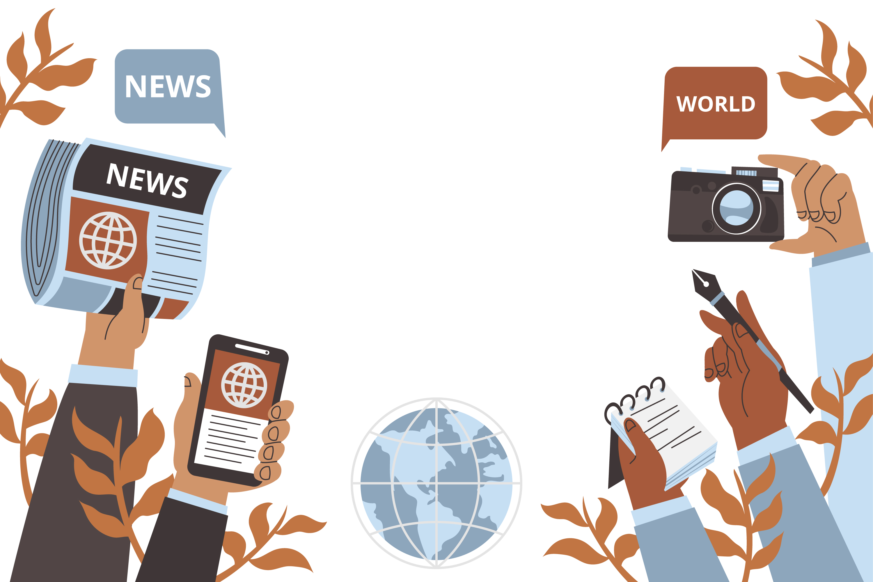 Illustration du site Freepik qui montre des mains tenant des téléphones, appareils photo et carnets pour prendre les dernières nouvelles du monde