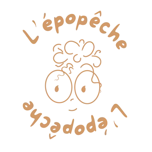 Design orange d'un petit personnage avec des grandes lunettes entouré du titre L'épopêche.