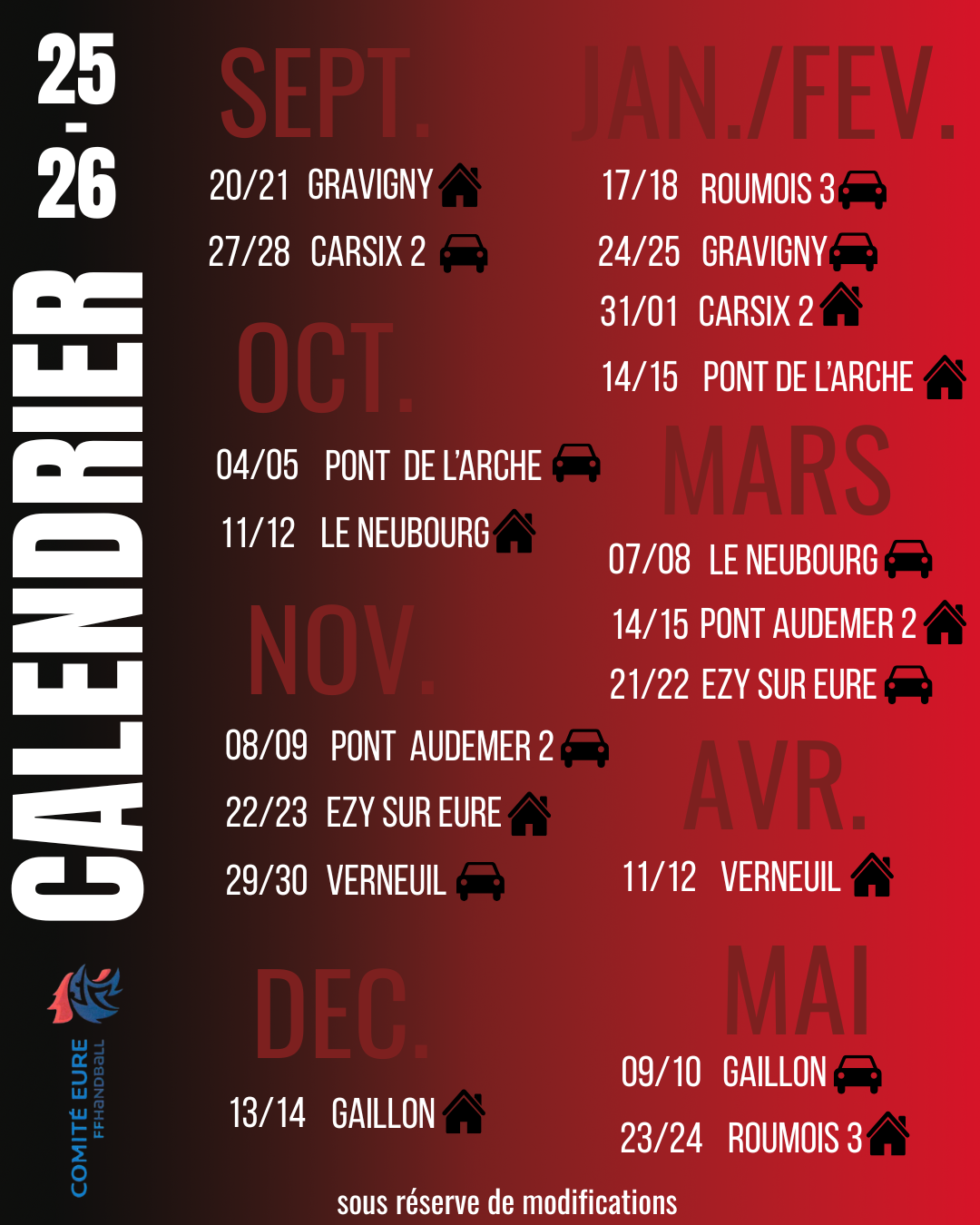 Le calendrier complet du CS Andelys pour la saison 2025-2026 de D1