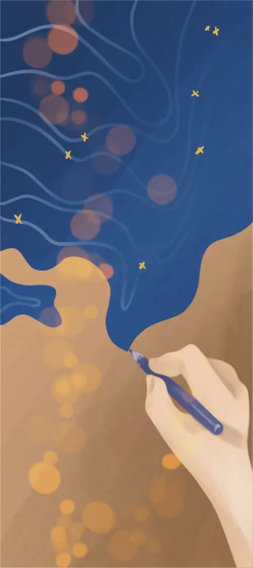 Illustration d'une main tenant un crayon bleu et dessinant une vague celeste étoilée sur un fond orange.