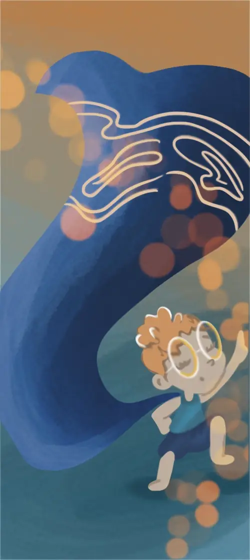 Illustration d'un petit personnage avec des grosses lunettes, et une grande cape en tissu bleu. Le fond de l'image est un dégradé orange à bleu.