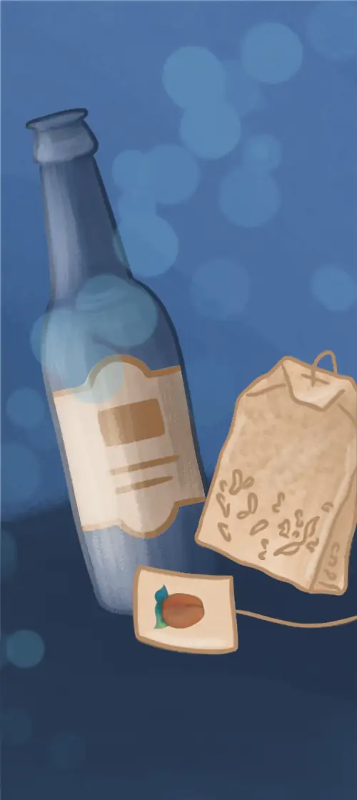 Illustration sur laquelle on observe une bouteille en verre avec son étiquette et un sachet de thé dont la vignette est une pêche. L'ensemble est dessiné dans les tons bleu et beige.
