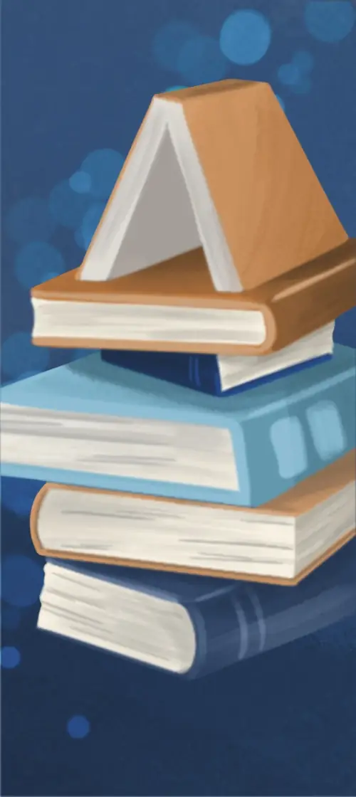 Illustration sur laquelle on observe une pile de six livres oranges et bleu, sur un fond bleu foncé.
