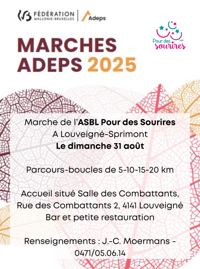 Marche-de-l-ASBL-Pour-des-Sourires-A-Louveigne-Sprimont-Le-dimanche-31-aout-Parcours-boucles-de-5-10-15-20-km-Accueil-situe-Salle-des-Combattants-Rue-des-Combattants-2-4141-Louveigne-Bar-et-peti
