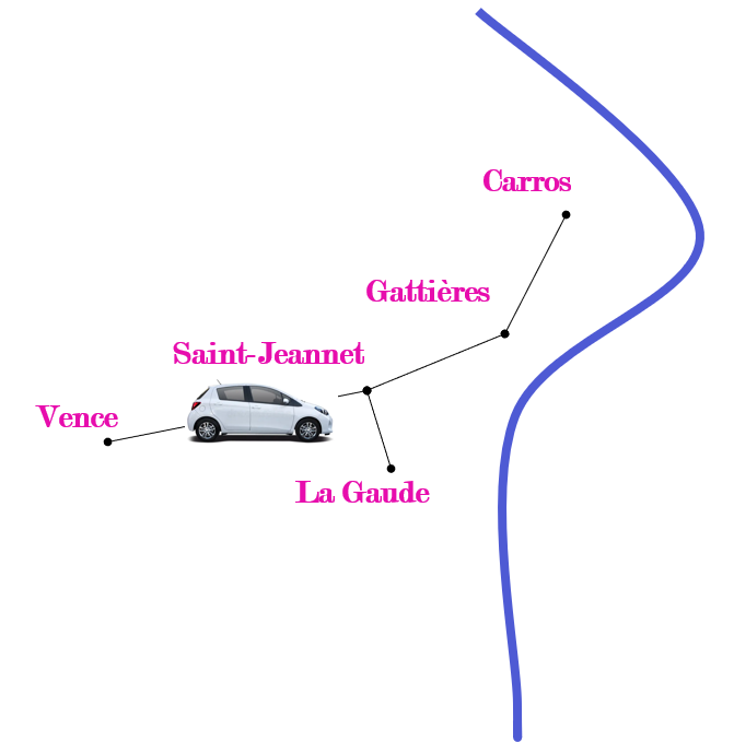 Carte de mon secteur d'intervention comprenant les villes de Vence, St Jeannet, Gattières, Carros et La Gaude.