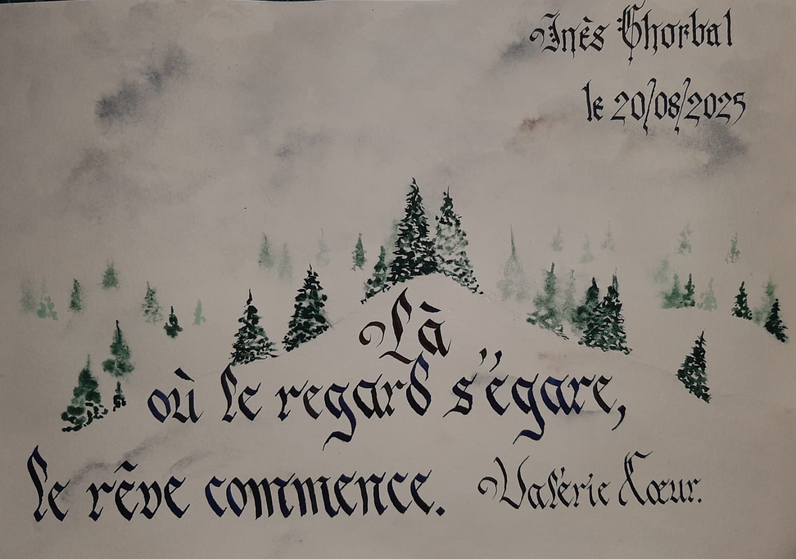 Calligraphie sur aquarelle valerie coeur
